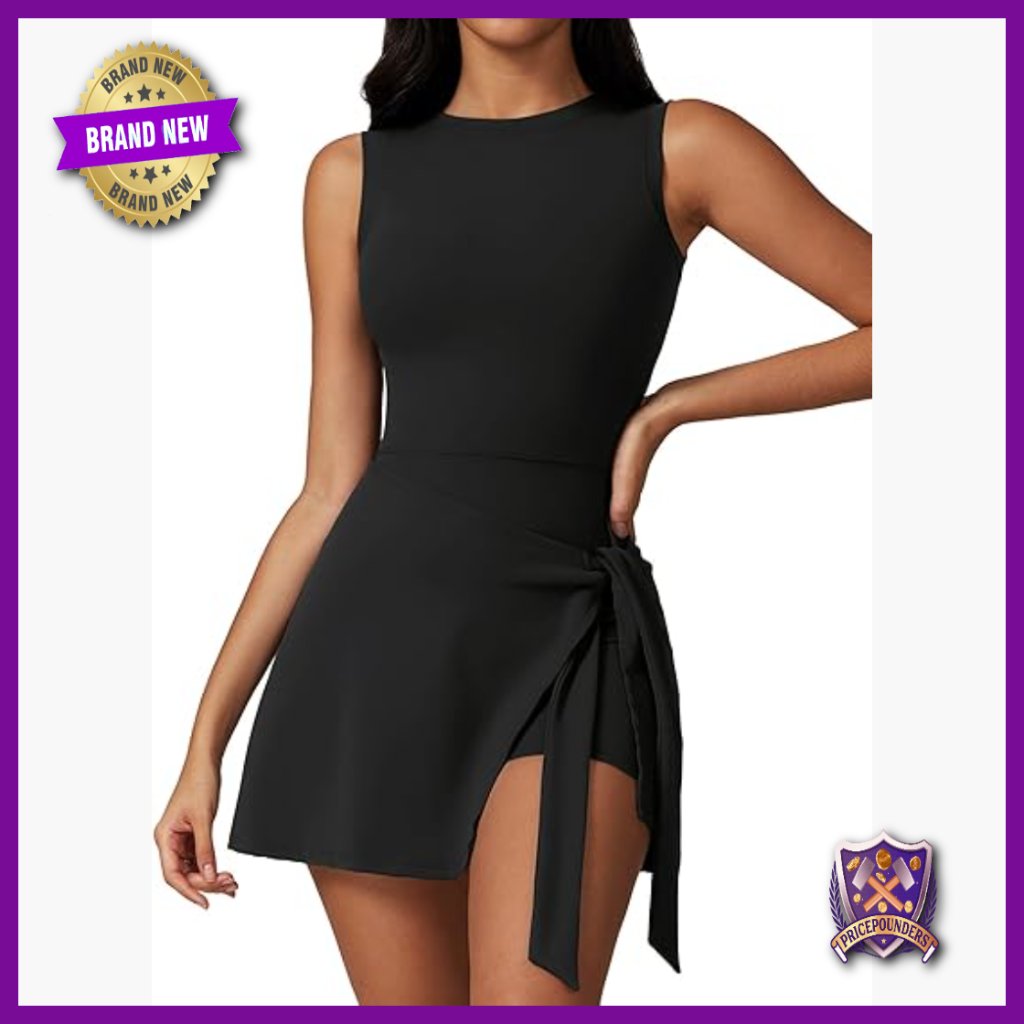 Sleeveless Athletic Dress With Built-In Shorts U-Shaped Back Front Tie Knot